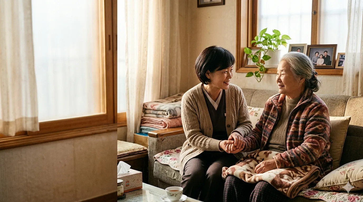 부모님과 돌봄 선생님이 햇살 드는 집에서 손을 맞잡고 편안하게 마주 앉은 모습